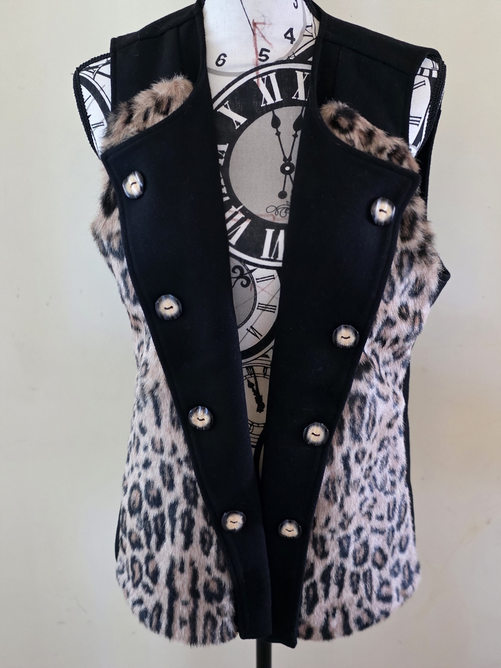 Chico's Leopard Print Faux Fur Vest with Black Trim